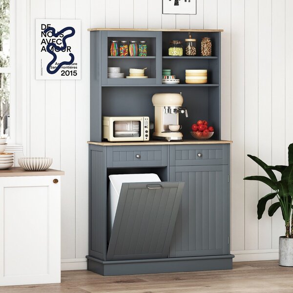 Costway Armadio per rifiuti inclinato alto da cucina con pattumiera, Armadio per rifiuti doppio inclinazione piano gomma Grigio