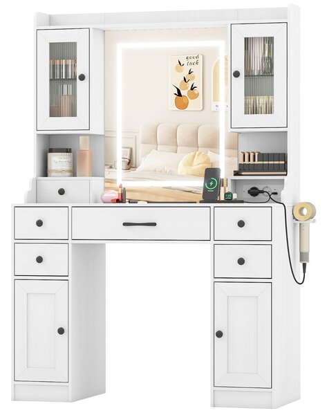 Costway Tavolo trucco con prese di corrente e luminosità regolabile, Scrivania trucco con porta asciugacapelli e cassetti