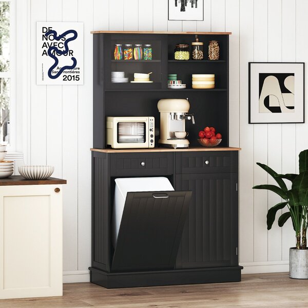 Costway Armadio per rifiuti inclinato alto da cucina con pattumiera, Armadio per rifiuti doppio inclinazione piano gomma Nero