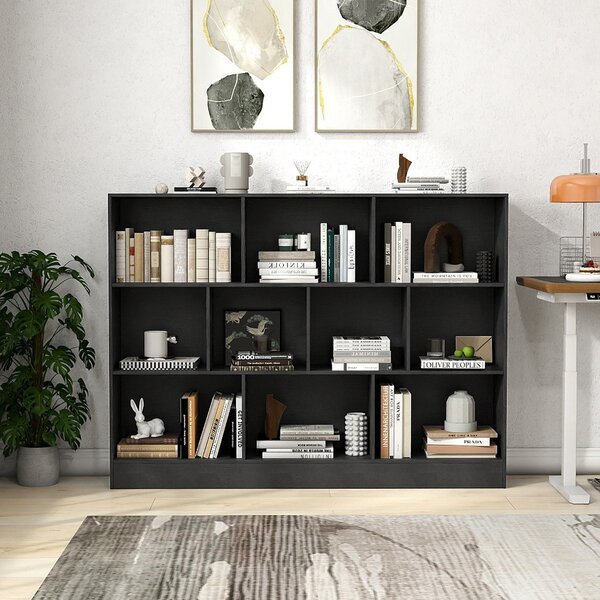 Costway Libreria a 10 cubi con 2 kit anti-ribaltamento, Organizzatore di stoccaggio a 3 ripiani in legno alto 140cm Nero