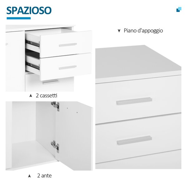 HOMCOM Cassettiera da Ufficio 2 Cassetti 2 Ante con Ripiano Regolabile Legno 71x35x76cm Bianco