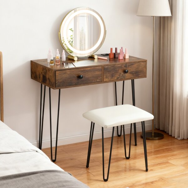 Costway Toeletta con specchio regolabile illuminato e ricarica integrate, Tavolo da trucco con 2 cassetti per camera da letto