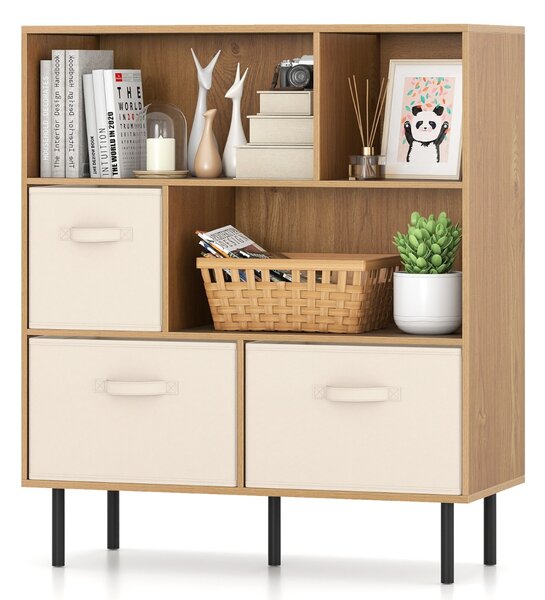 Costway Libreria organizzatore autoportante gambe metallo soggiorno, Libreria 6 cubi scaffale 3 livelli 3 cassetti tessuto Legno naturale