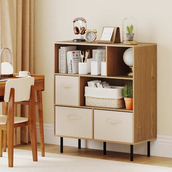 Costway Libreria organizzatore autoportante gambe metallo soggiorno, Libreria 6 cubi scaffale 3 livelli 3 cassetti tessuto Legno naturale