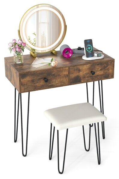Costway Toeletta con specchio regolabile illuminato e ricarica integrate, Tavolo da trucco con 2 cassetti per camera da letto
