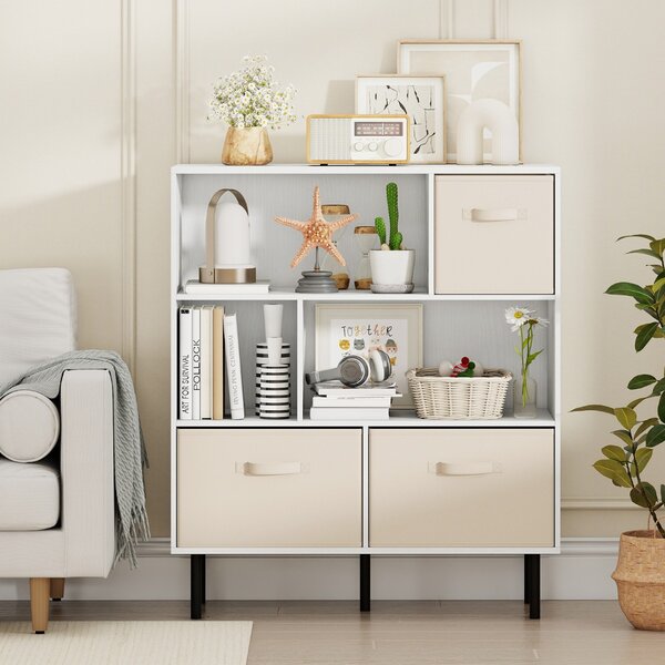 Costway Libreria organizzatore autoportante gambe metallo soggiorno, Libreria 6 cubi scaffale 3 livelli 3 cassetti tessuto Bianco