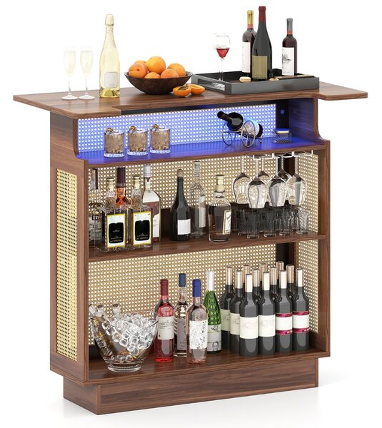 Costway Tavolo bar 4 ripiani industriale luce led rgb controllo app, Tavolo bar 4 ripiani rattan 3 portabicchieri 3 ripiani Marrone