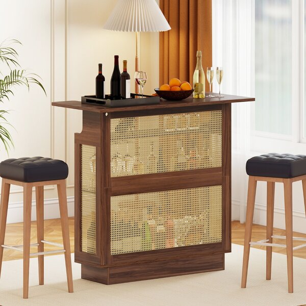 Costway Tavolo bar 4 ripiani industriale luce led rgb controllo app, Tavolo bar 4 ripiani rattan 3 portabicchieri 3 ripiani Marrone