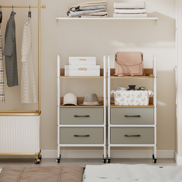 Costway Carrello stoccaggio rotelle supporto 2 ripiani 2 cassetti tessuto, Carrello organizer trucco 4 ruote camera letto Legno naturale