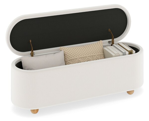 Costway Panca contenitore ovale imbottito 139 cm coperchio ribaltabile, Panca contenitore gambe in legno di caucciù Bianco