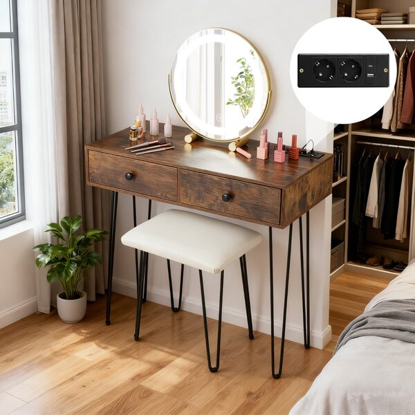 Costway Toeletta con specchio regolabile illuminato e ricarica integrate, Tavolo da trucco con 2 cassetti per camera da letto