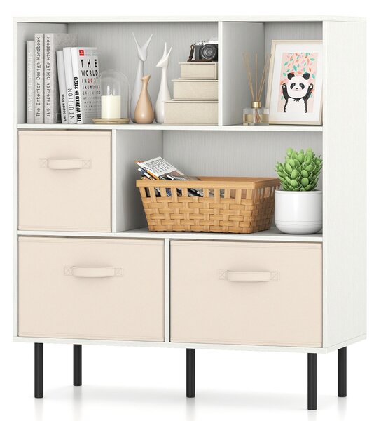 Costway Libreria organizzatore autoportante gambe metallo soggiorno, Libreria 6 cubi scaffale 3 livelli 3 cassetti tessuto Bianco