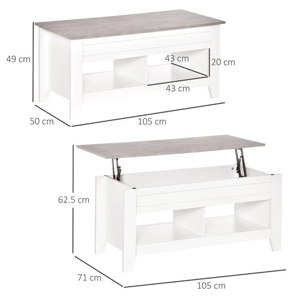 HOMCOM Tavolino rettangolare con piano sollevabile, 2 scomparti aperti, pannello truciolare 105 x 50 x 49 cm - bianco