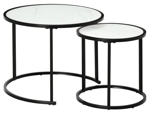 HOMCOM Set di 2 Tavolini da Salotto Rotondi Impilabili in Acciaio ed Effetto Marmo, Bianco