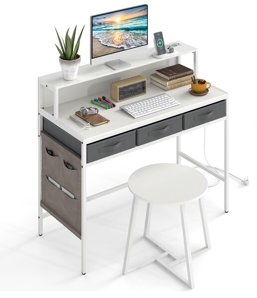 Costway Set tavolo trucco e sgabello con supporto per monitor, Scrivania per computer con prese di corrente Bianco