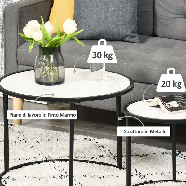 HOMCOM Set di 2 Tavolini da Salotto Rotondi Impilabili in Acciaio ed Effetto Marmo, Bianco