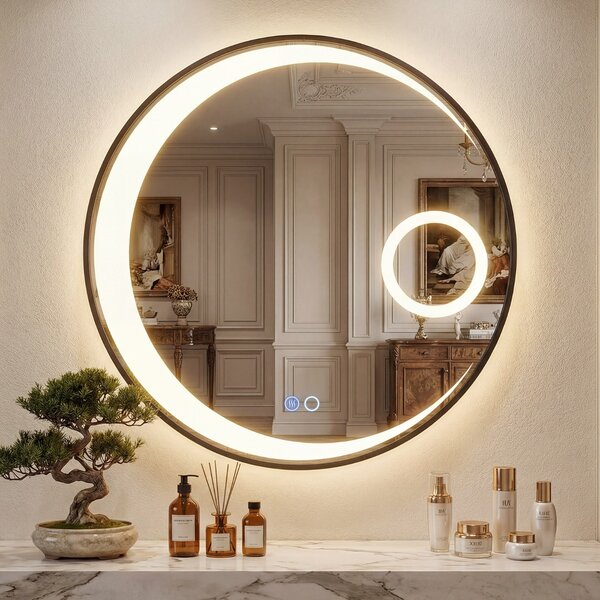 Costway Specchio da trucco circolare con 3 colori di luce e lente d’ingrandimento 3X, Specchio smart da parete da 61 cm