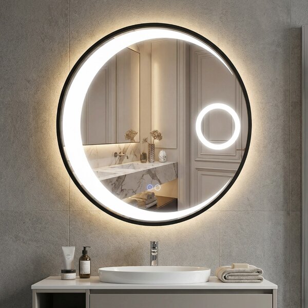 Costway Specchio da trucco circolare con 3 colori di luce e lente d’ingrandimento 3X, Specchio smart da parete da 61 cm