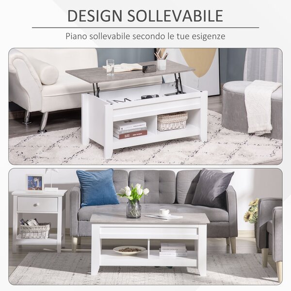 HOMCOM Tavolino rettangolare con piano sollevabile, 2 scomparti aperti, pannello truciolare 105 x 50 x 49 cm - bianco