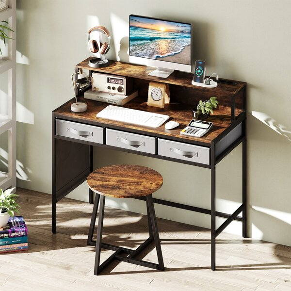 Costway Set tavolo trucco e sgabello con supporto per monitor, Scrivania per computer con prese di corrente Marrone