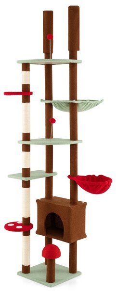 Costway Albero per gatti da pavimento a soffitto altezza regolabile, Albero per gatti torre fungo con condo e amaca Marrone