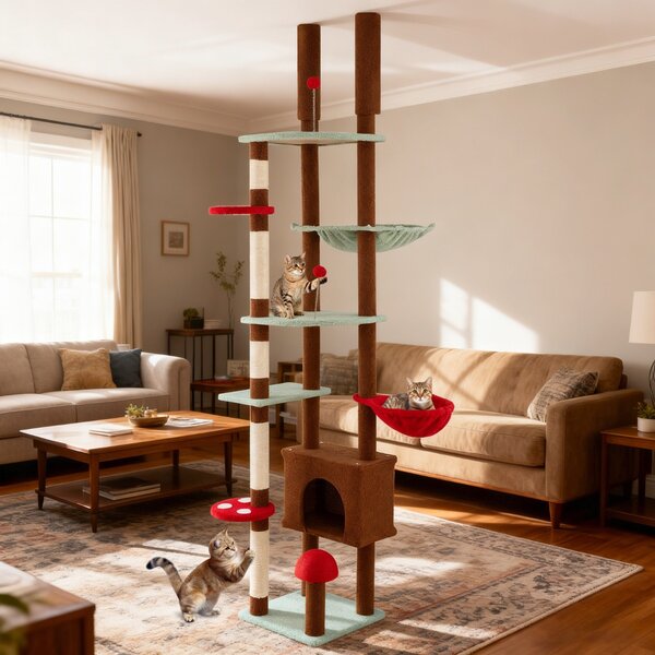 Costway Albero per gatti da pavimento a soffitto altezza regolabile, Albero per gatti torre fungo con condo e amaca Marrone