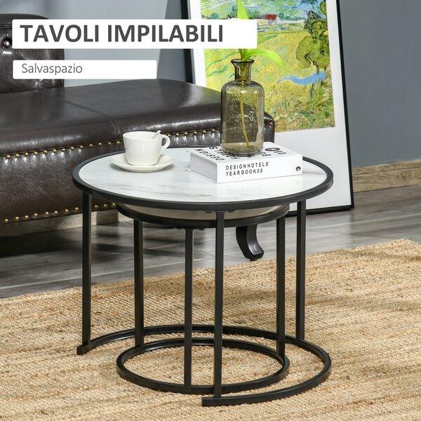 HOMCOM Set di 2 Tavolini da Salotto Rotondi Impilabili in Acciaio ed Effetto Marmo, Bianco