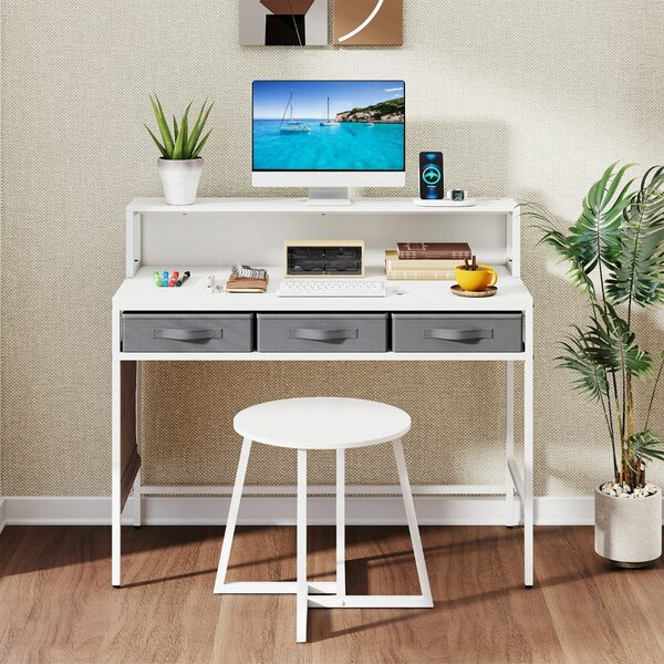 Costway Set tavolo trucco e sgabello con supporto per monitor, Scrivania per computer con prese di corrente Bianco
