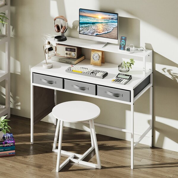 Costway Set tavolo trucco e sgabello con supporto per monitor, Scrivania per computer con prese di corrente Bianco