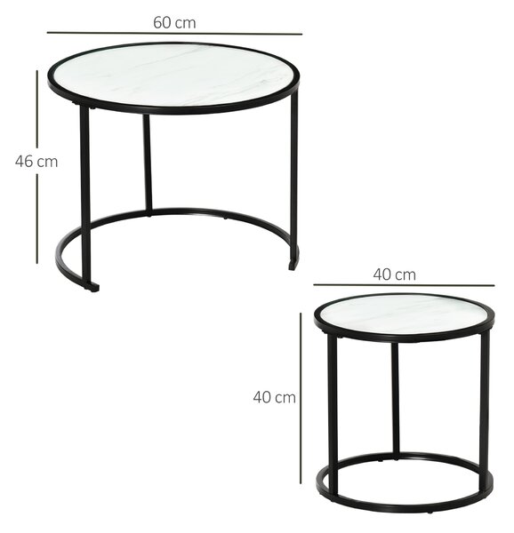 HOMCOM Set di 2 Tavolini da Salotto Rotondi Impilabili in Acciaio ed Effetto Marmo, Bianco