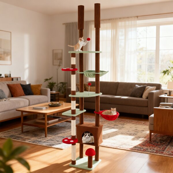 Costway Albero per gatti da pavimento a soffitto altezza regolabile, Albero per gatti torre fungo con condo e amaca Marrone