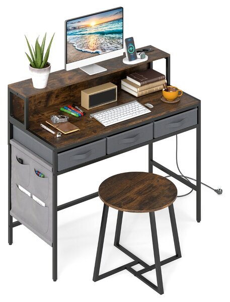 Costway Set tavolo trucco e sgabello con supporto per monitor, Scrivania per computer con prese di corrente Marrone