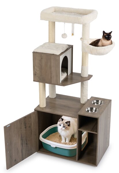 Costway Mobiletto per lettiera per gatti, Torre d’arrampicata con posto graffio in sisal e tappetino Grigio