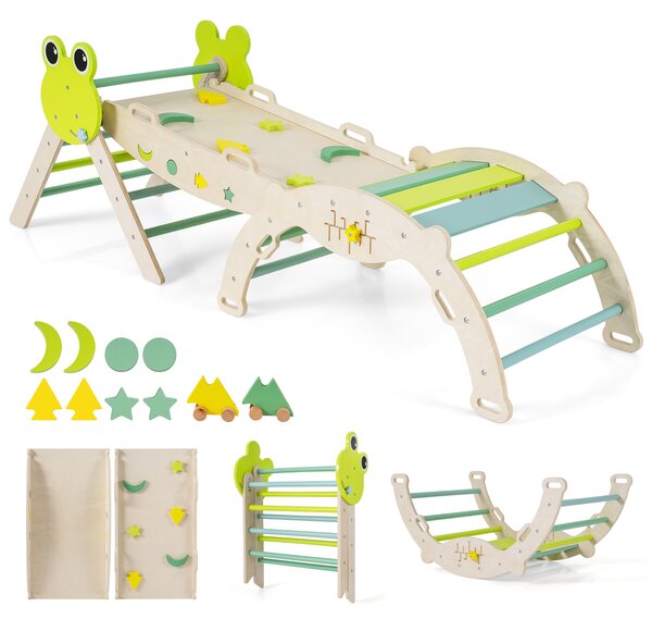 Costway Giochi da arrampicata per bambini con rampa, Set montessori in legno a tema rana con gioco del labirinto Verde