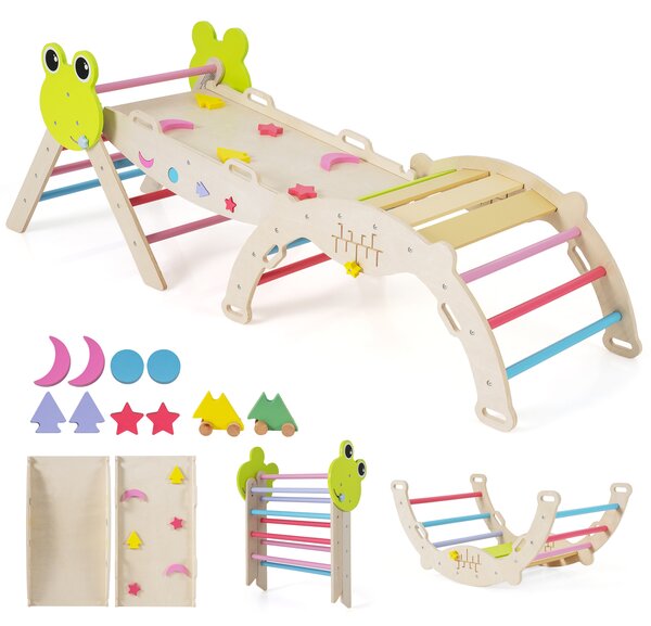 Costway Giochi da arrampicata per bambini con rampa, Set montessori in legno a tema rana con gioco del labirinto Colorato