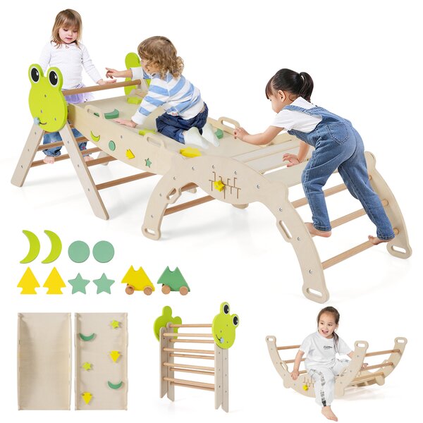 Costway Giochi da arrampicata per bambini con rampa, Set montessori in legno a tema rana con gioco del labirinto Naturale