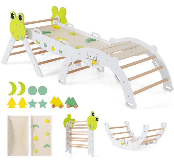 Costway Giochi da arrampicata per bambini con rampa, Set montessori in legno a tema rana con gioco del labirinto Bianco