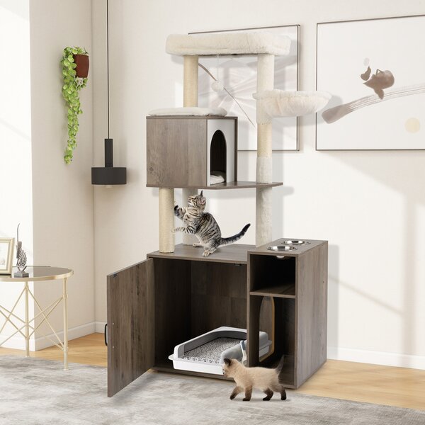 Costway Mobiletto per lettiera per gatti, Torre d’arrampicata con posto graffio in sisal e tappetino Grigio