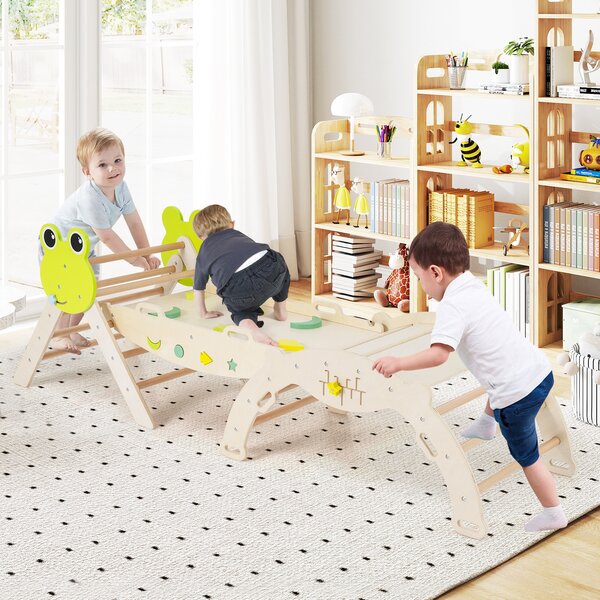 Costway Giochi da arrampicata per bambini con rampa, Set montessori in legno a tema rana con gioco del labirinto Naturale