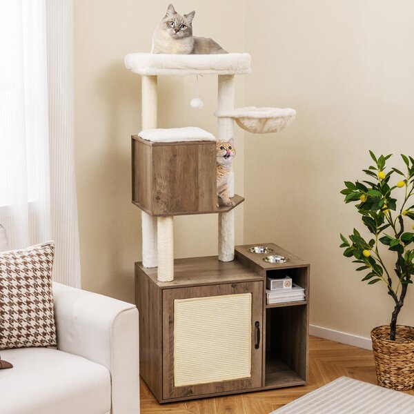 Costway Mobiletto per lettiera per gatti, Torre d’arrampicata con posto graffio in sisal e tappetino Grigio
