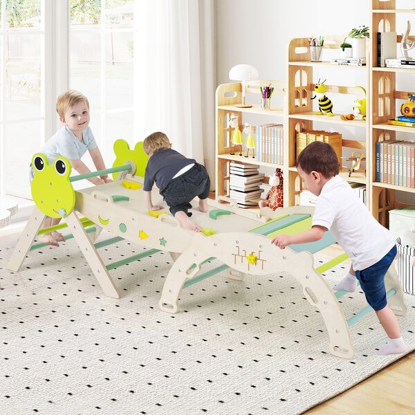 Costway Giochi da arrampicata per bambini con rampa, Set montessori in legno a tema rana con gioco del labirinto Verde