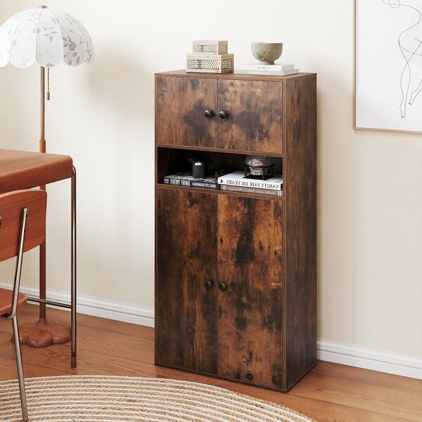Costway Libreria alta 111 cm con 4 ante, Vetrina autoportante con 2 kit anti-ribaltamento per casa Marrone Rustico