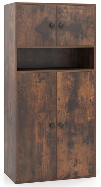 Costway Libreria alta 111 cm con 4 ante, Vetrina autoportante con 2 kit anti-ribaltamento per casa Marrone Rustico
