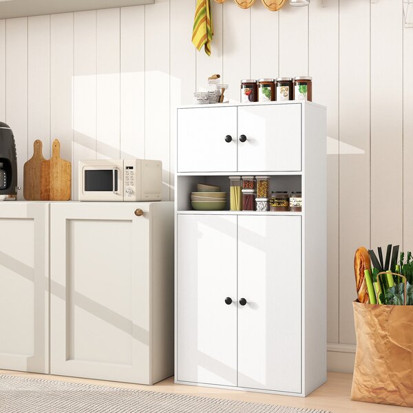 Costway Libreria alta 111 cm con 4 ante, Vetrina autoportante con 2 kit anti-ribaltamento per casa Bianco