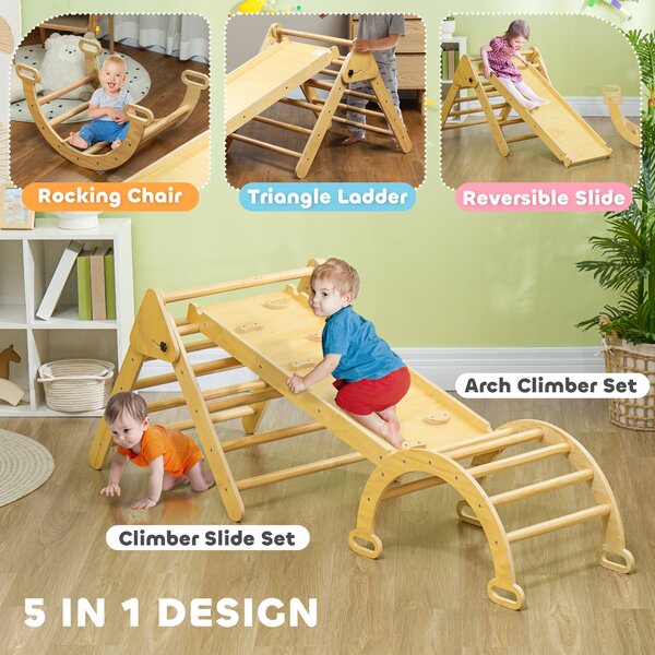 AIYAPLAY Gioco Arrampicata Bambini con Triangolo e Arco Montessori e Rampa con Pietre, 178x64.5x63 cm, Color Legno | Aosom Italy