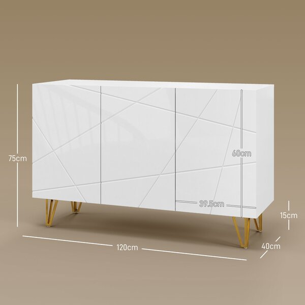 HOMCOM Mobile Contenitore con 2 Armadietti e Ripiano Regolabile, in Truciolato e Metallo, 120x40x75 cm, Bianco e Oro