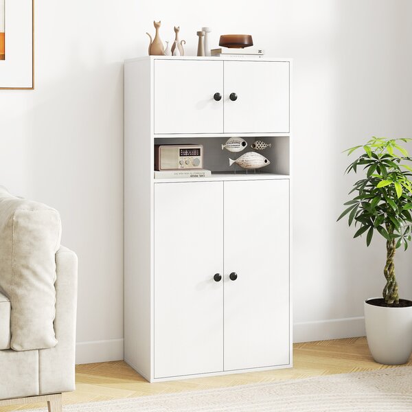 Costway Libreria alta 111 cm con 4 ante, Vetrina autoportante con 2 kit anti-ribaltamento per casa Bianco