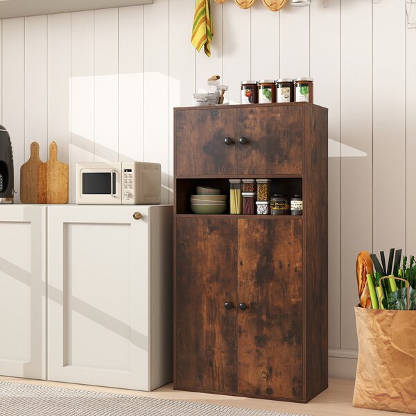 Costway Libreria alta 111 cm con 4 ante, Vetrina autoportante con 2 kit anti-ribaltamento per casa Marrone Rustico