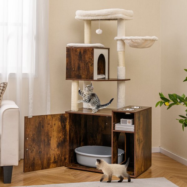 Costway Mobiletto per lettiera per gatti, Torre d’arrampicata con posto graffio in sisal e tappetino Marrone