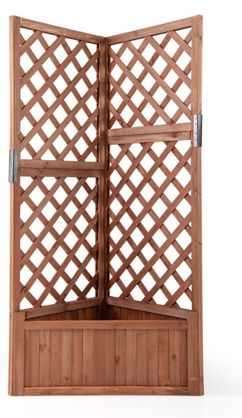 Costway Letto da giardino rialzato ad angolo con traliccio e fori di drenaggio, Fioriera in legno per fiori verdure interno ed esterno Marrone